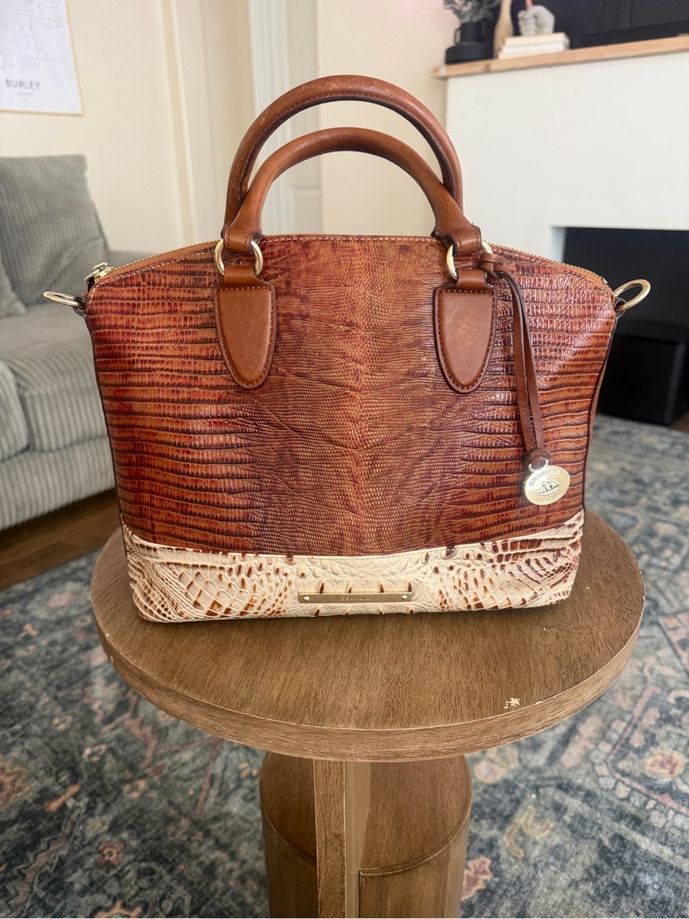 Brahmin Two-Tone Brown and Cream Textured Satchel